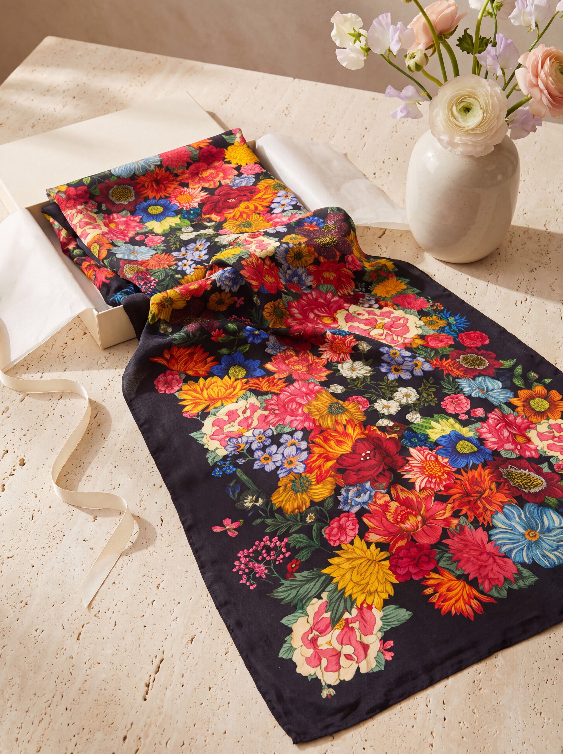 Midnight Bloom pure silk floral dupatta close-up showing the dense multicolour print