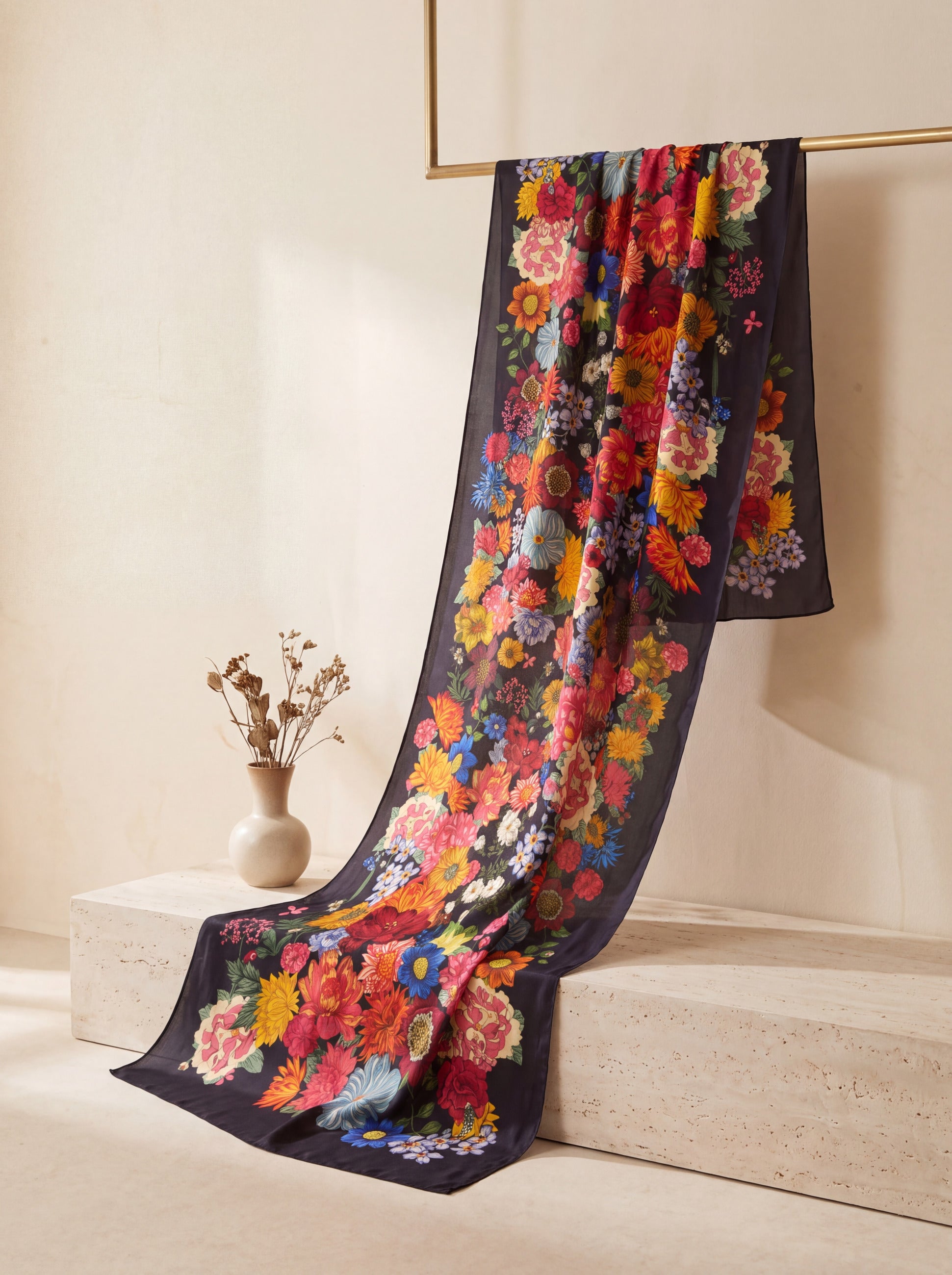 Midnight Bloom pure silk floral dupatta draped in a neutral studio setting