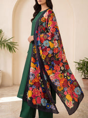 Midnight Bloom pure silk floral dupatta styled with a deep green suit