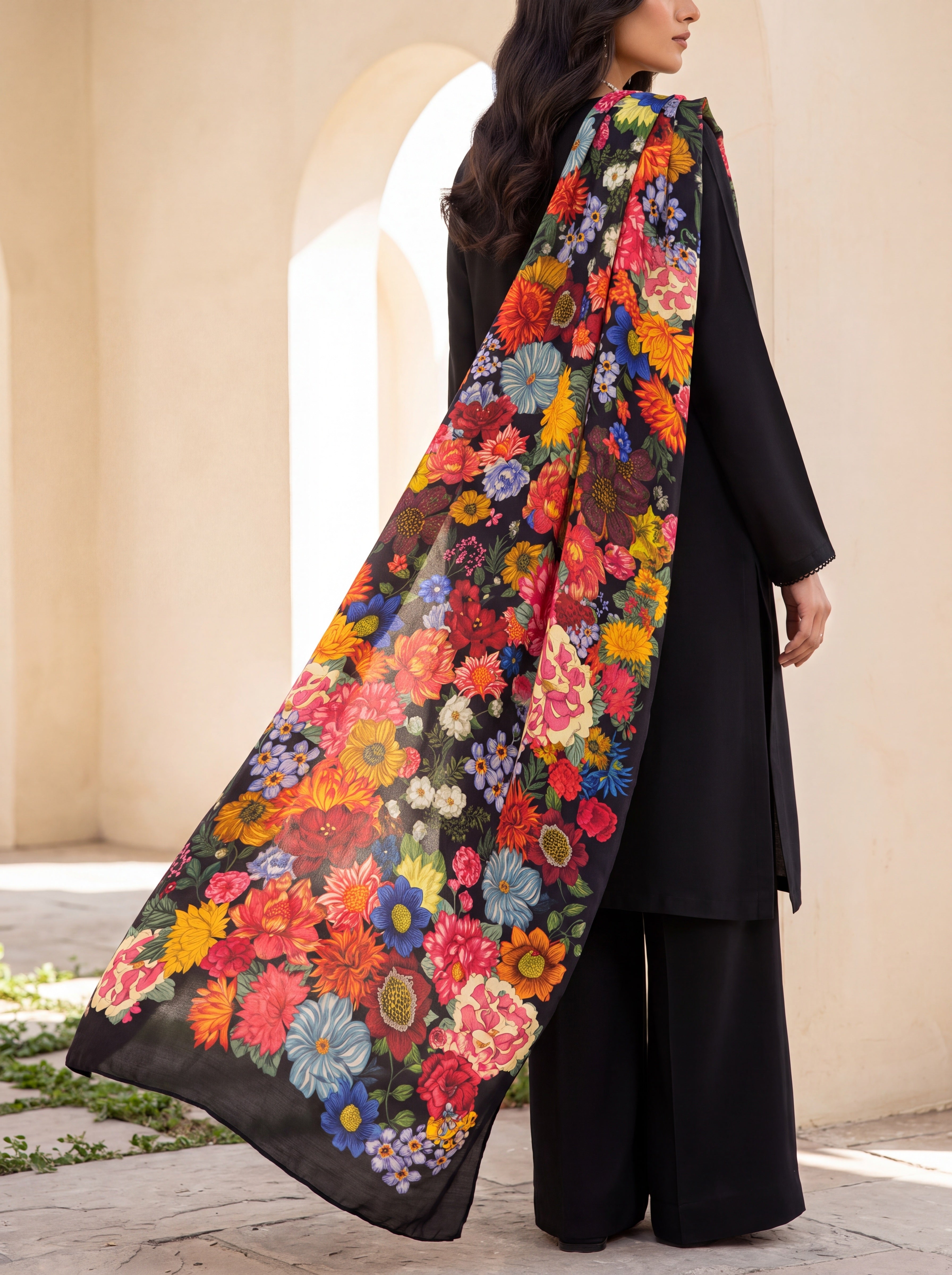 Midnight Bloom pure silk floral dupatta styled over a black suit