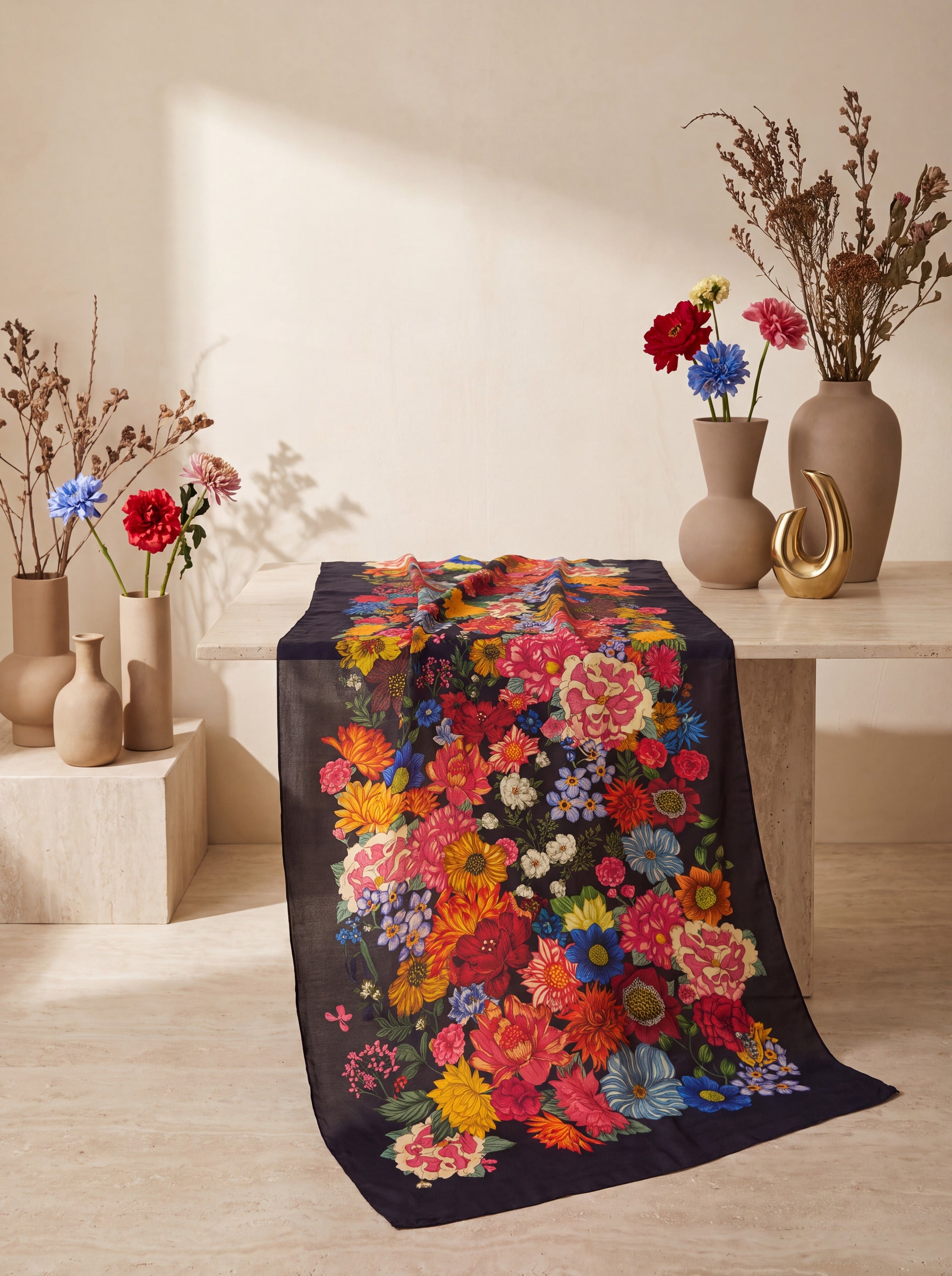Midnight Bloom pure silk floral dupatta displayed in a premium studio setting