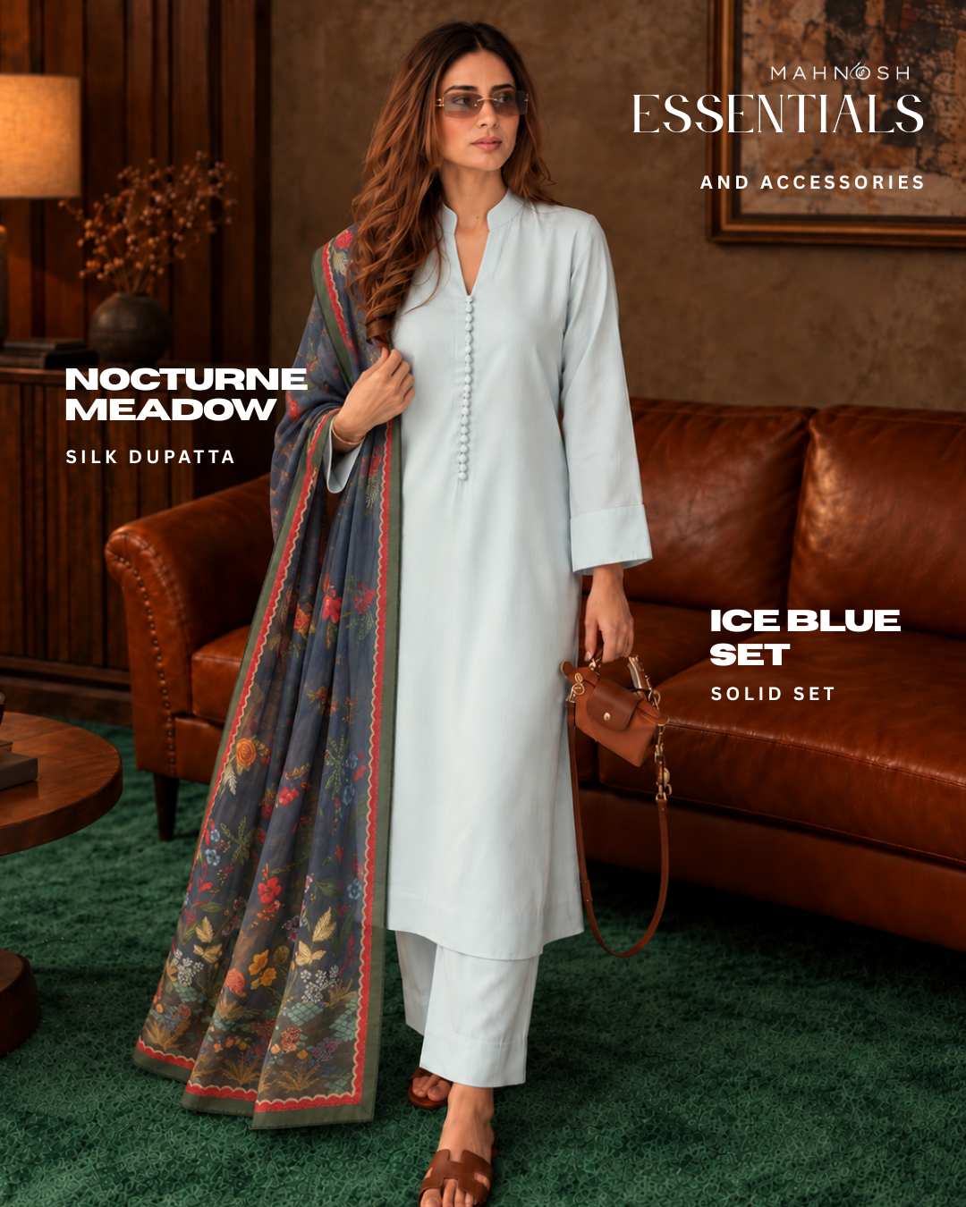 Ice Blue Set styled with Nocturne Meadow silk dupatta
