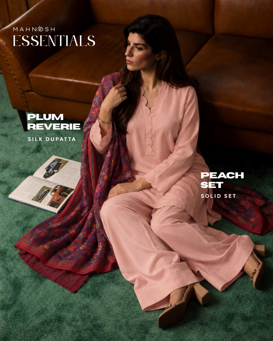 Peach Set styled with Plum Reverie silk dupatta